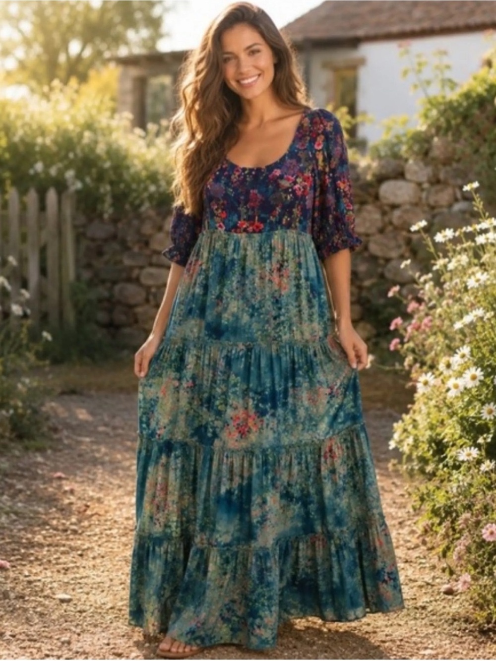 Natural Life Colette Floral Tiered Maxi Dress Mixed Print XL